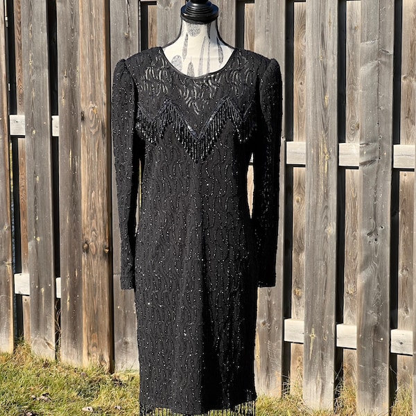 vintage années 80 Nu-Mode Black Beaded and Sequin Long Sleeve Wiggle Cocktail Dress Women / 80s Evening Dress / 80s Party Dress
