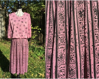 80s Pink Floral Midi Dress 80s Party Dress 80s Avant Garde Dress 80s Day Dress Abstract Dress