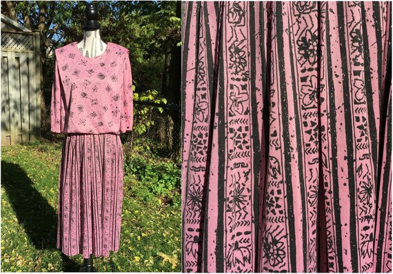 80s Pink Floral Midi Dress 80s Party Dress 80s Av… - image 1