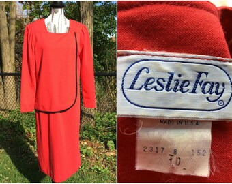 Leslie Fay Red 80s Puff Sleeve Dress Vintage Secretary Dress 80s Party Dress Vintage Midi Dress 90s Midi Dress 80s Day Dress