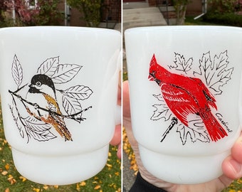 Vintage Anchor Hocking Fire-King Cardinal Chickadee Milk Glass Mug - Price is for One Mug Shipping Included