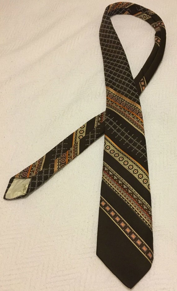 70s Brown Beige and Orange Necktie Olga-Marina Co… - image 1