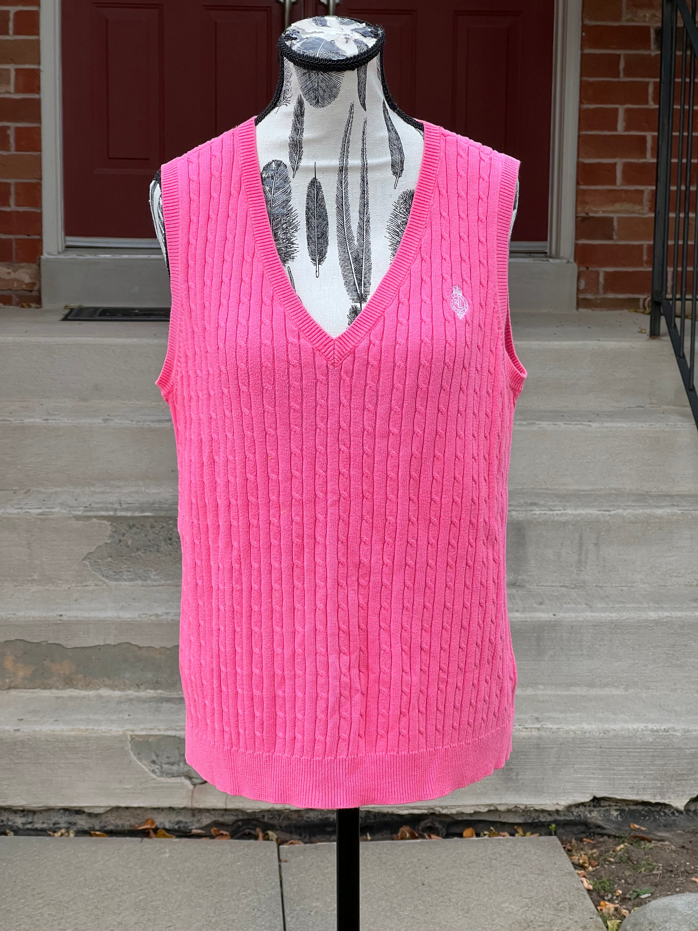 RALPH LAUREN Pink 100% Lambswool Vintage Knit Sweater Vest Womens M