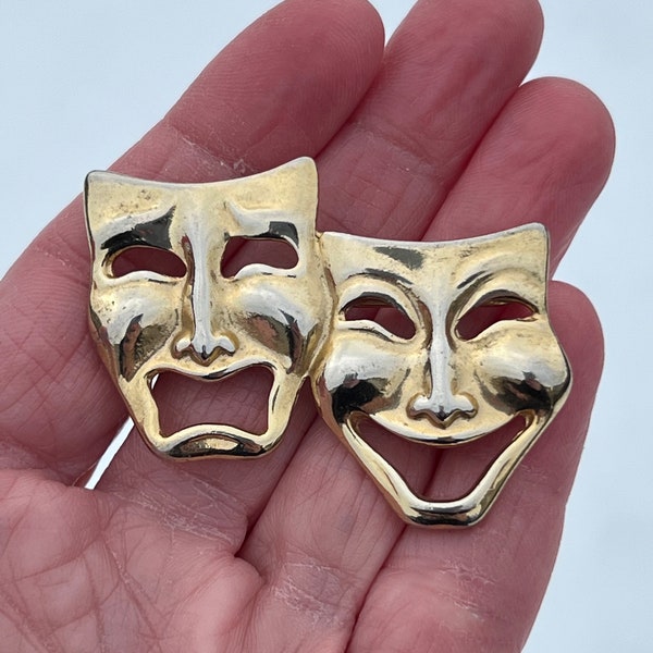 Vintage 80s Comedy and Tragedy Mask Face Brooch / Vintage Face Brooch / Figural Brooch / 80s Brooch