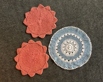 Vintage Handmade Doily Two Coral and One Blue and White - Set of 3