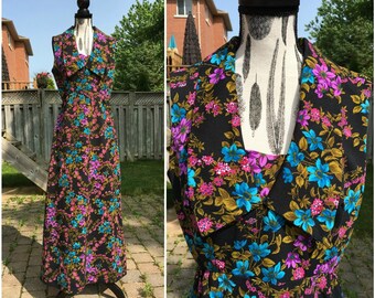 1960s Cocktail Dress House of Nu-Mode Black Floral Dress 1960 Mod Dress 1960s Evening Dress Long Party Dress Medium