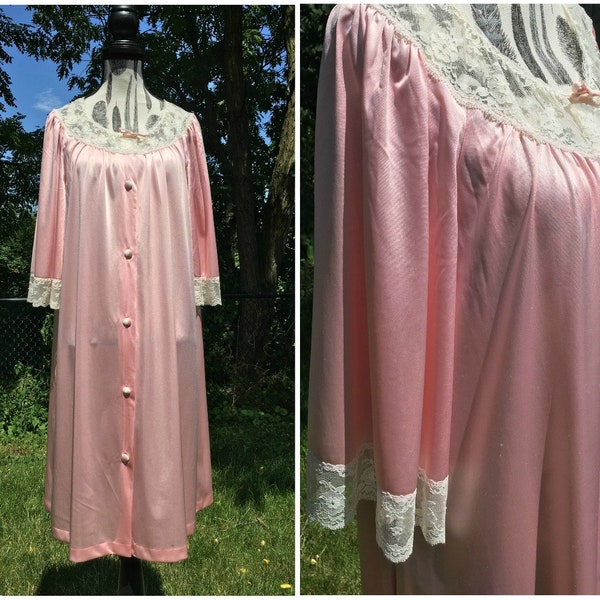 Vintage Pink Nylon Robe / Pink Night Robe with White Lace / Long Pink Nylon Peignoir Robe / Vintage Lingerie