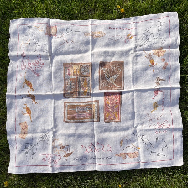 Vintage Small Australian Aboriginal Art Table Cloth Tablecloth Square / Australia Souvenir