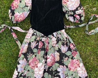 Vintage 80s era Handmade Girls Velour Floral Dress