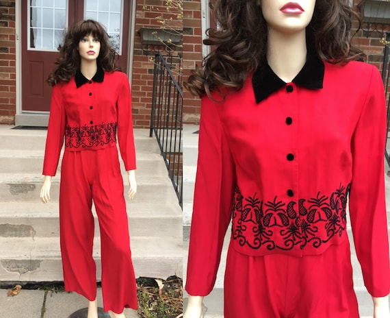 80s era Joseph Ribkoff Red Pant Suit with Black De