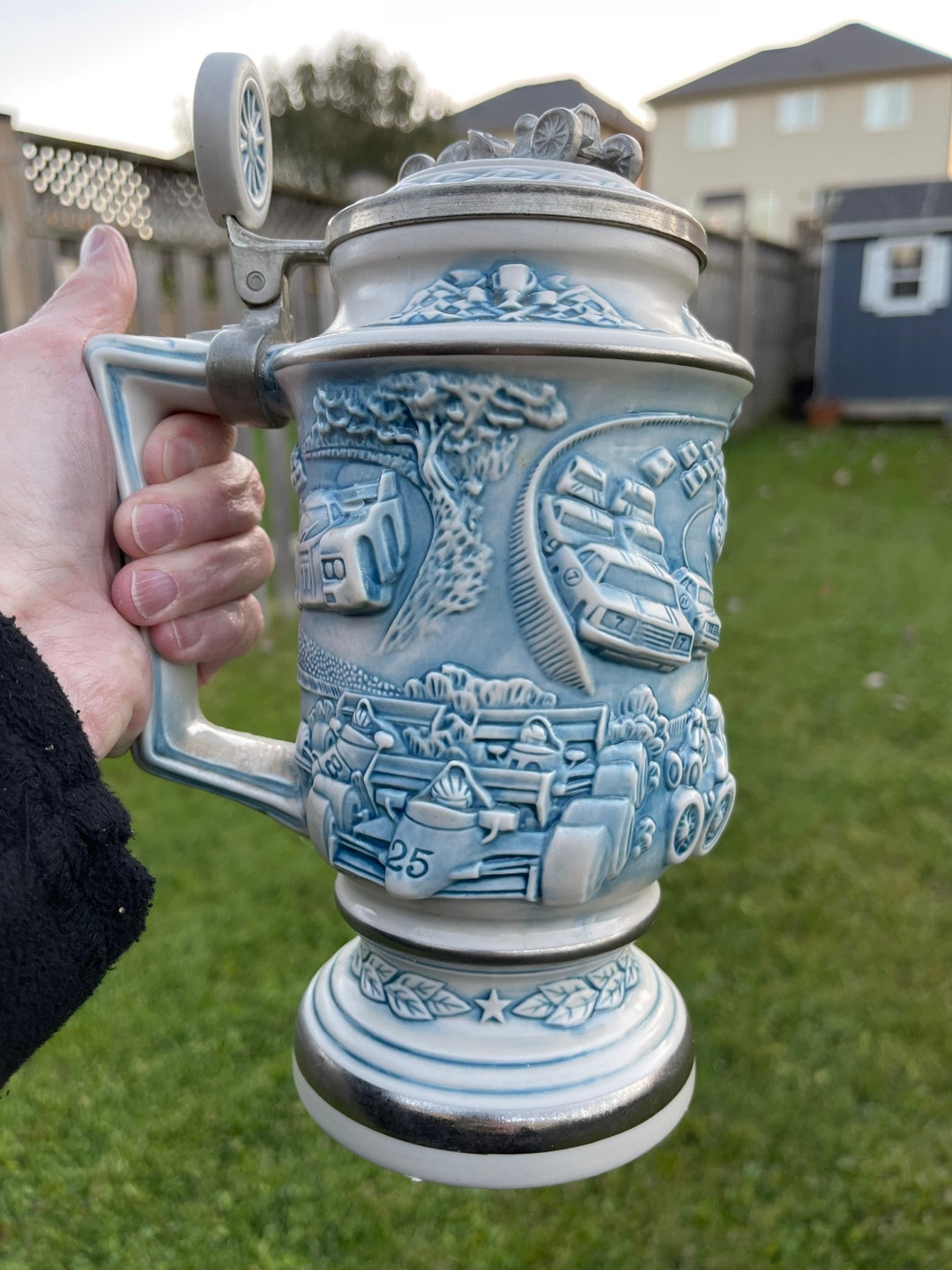 Vintage 1989 Avon Ceramarte Ceramic Race Racing Car Beer Stein / Beer
