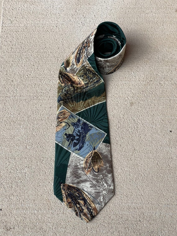 Vintage Tip Top Fly Fishing Mens Green Silk Neck Tie / Fly Fishing