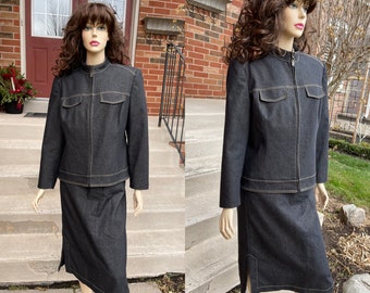 vintage années 90 Nygard Petites Denim Jacket and Skirt Set / vintage Skirt Set Denim Skirt / vintage Womens Jean Jacket Black Denim Jacket Women