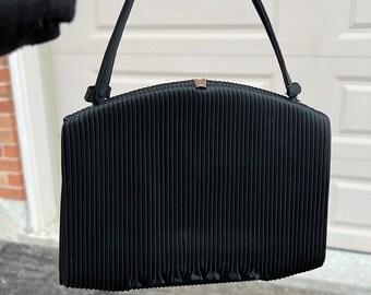 Vintage 60s era Gimbels Black Pleated Evening Bag Purse Top Handle Bag