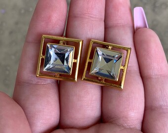 Vintage Avon Gold Tone Faux Diamond Clip On Earrings / Avon Jewelry / Gold Earrings