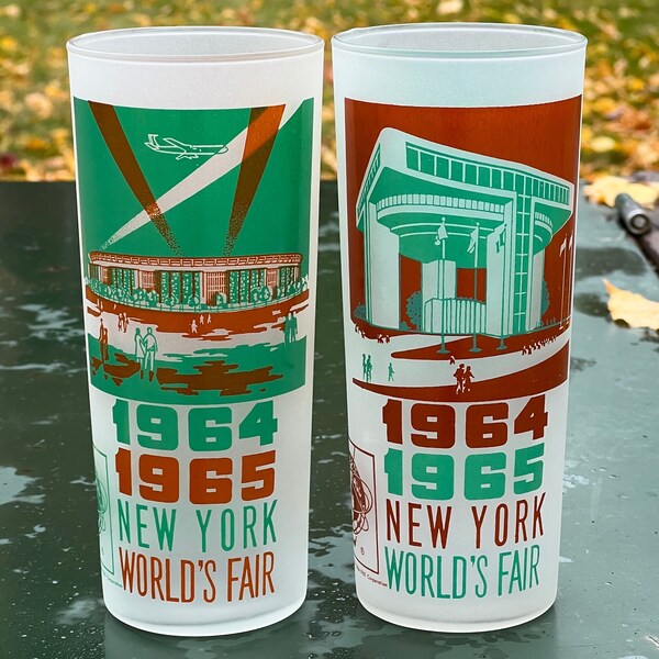 Vintage 1964 1965 New York Worlds Fair Mid Century Modern Barware Highball Tom Collins Glasses Glassware Set of 2