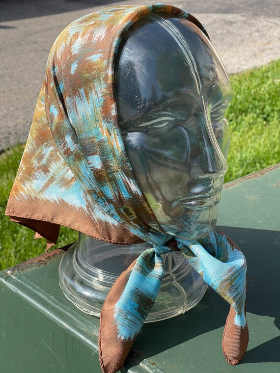 Vintage Brown and Blue Abstract Square Head Scarf / C… Gem