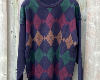 Vintage Holt Renfrew Mens Blue Argyle Knit Italian Wool Preppy Sweater