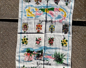 Vintage Bermuda Flowers of Bermuda Souvenir Tea Towel / Hanging Kitchen Tea Dish Towel