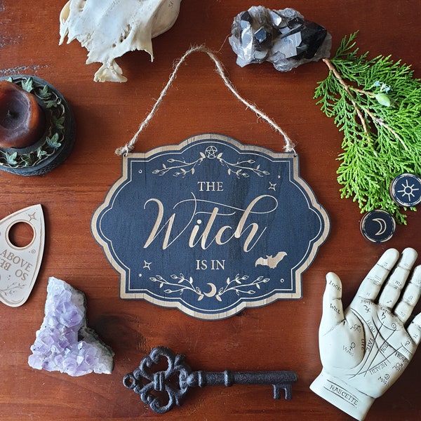 The Witch Is In Sign Wood Sign // In Out Business Sign // Halloween Witchy Magickal Decor Sign