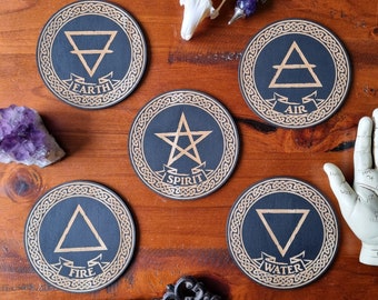 Set of 5 Element Altar Tiles // Laser Engraved Wooden Tile Set // Wiccan Alchemy Pagan Tiles