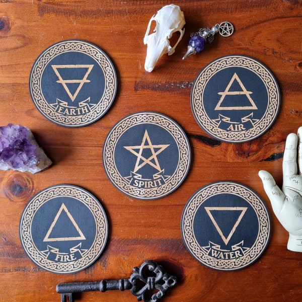 Set of 5 Element Altar Tiles // Laser Engraved Wooden Tile Set // Wiccan Alchemy Pagan Tiles