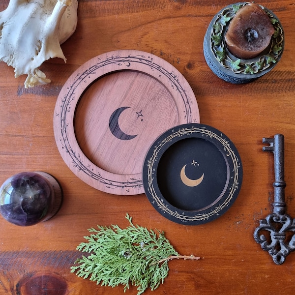 Celestial Trinket Dish Round // Magical Witchy Jewellery Tray // Wooden Homewares