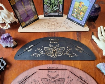 Three Card Moth Tarot Stand // Tarot Oracle Affirmation Card Display // Laser Engraved Divination Stand