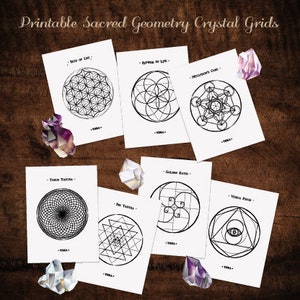 May include: Printable sacred geometry crystal grids, a set of eight black and white illustrations on white paper with the titles "Seed of Life", "Flower of Life", "Metatron's Cube", "Tree of Life", "Golden Ratio", "Sri Yantra", "Fish Yantra", and "Merkaba Flower".