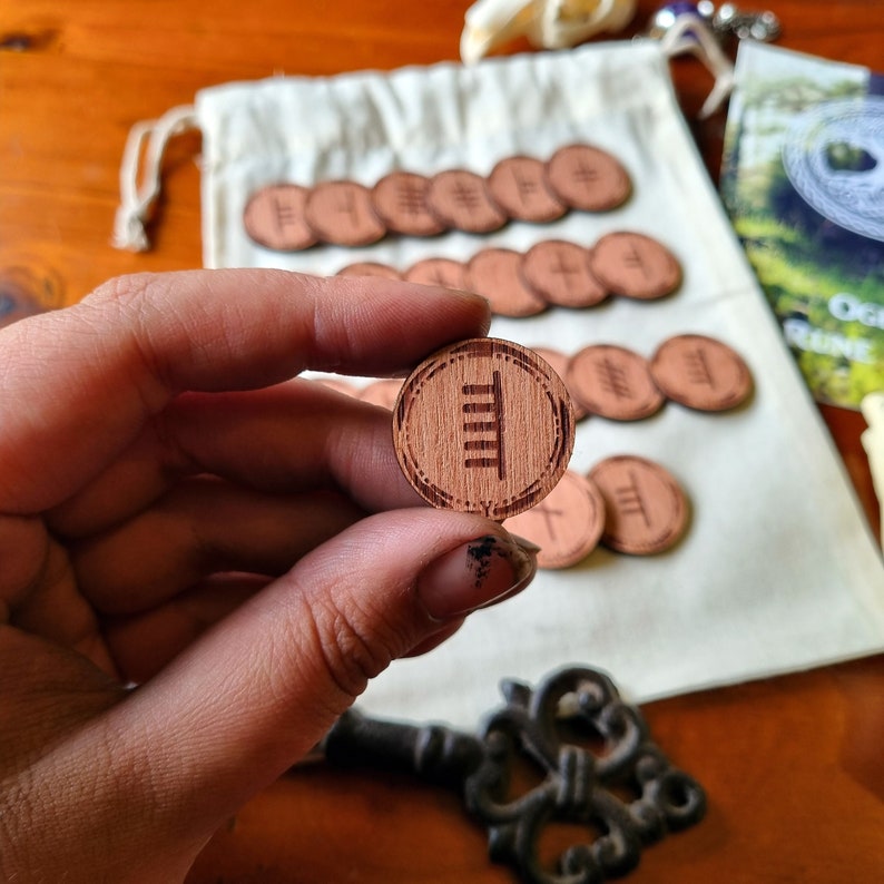 May include: A wooden rune with the symbol "Eihwaz" engraved on it. The rune is brown and has a circular shape with a raised edge. The rune is being held by a hand.