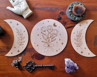 Decorazione murale floreale con fasi lunari // Decorazione magica e stregonesca in tre pezzi