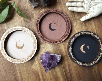 Celestial Trinket Dish Round // Magical Witchy Jewellery Tray // Wooden Homewares