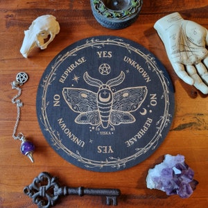 Celestial Moth Pendulum Board // Laser Engraved Answers Board Blackened