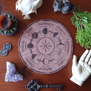 Puede incluir: Una rueda de madera con fondo marrón y texto blanco. La rueda está dividida en ocho secciones, cada una representando una época del año diferente y una fase lunar correspondiente. El texto incluye los nombres de los ocho sabbats: Yule, Imbolc, Ostara, Beltane, Litha, Lammas, Mabon y Samhain.