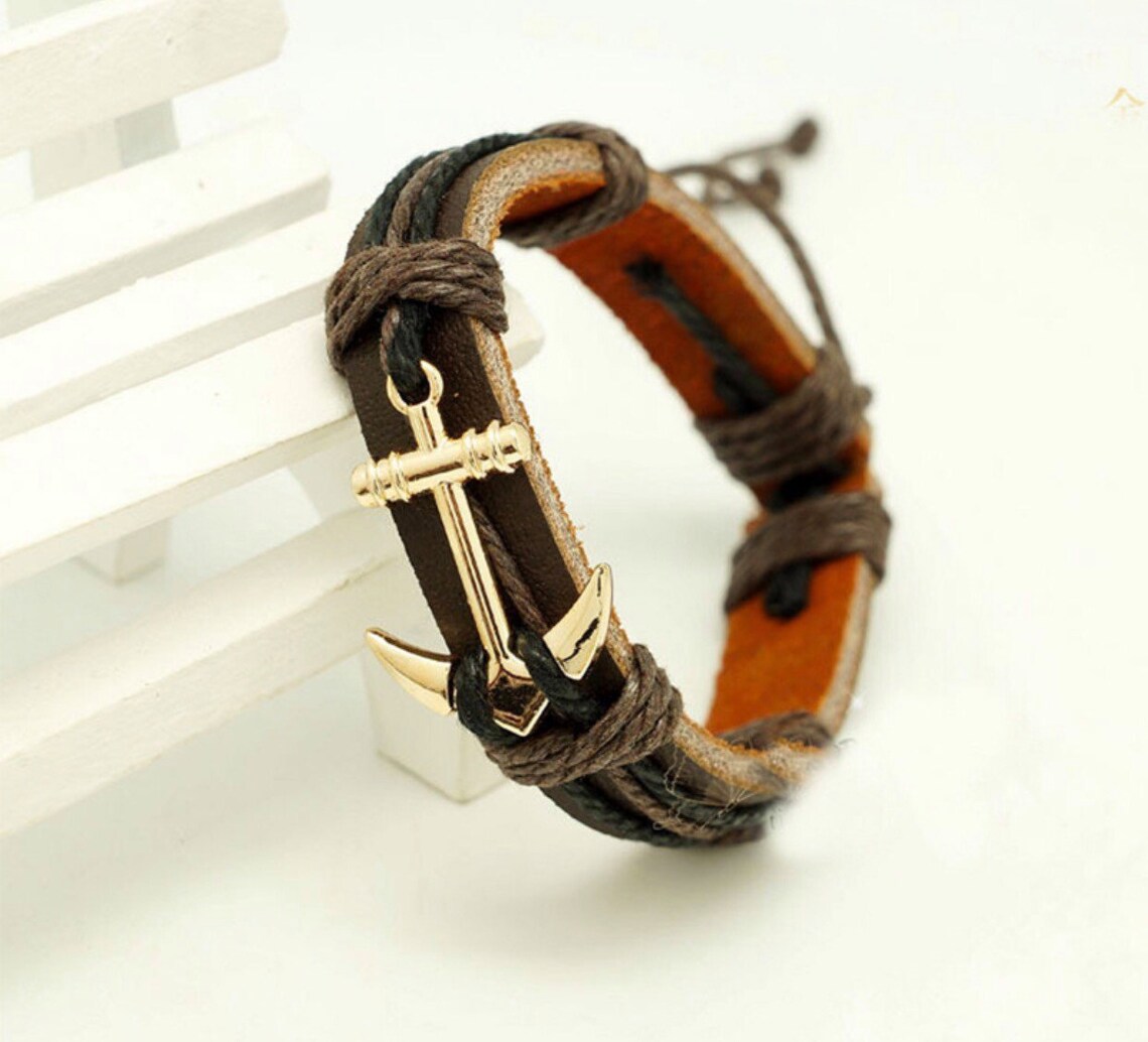 Men's Leather Rope Anchor Bracelet Goldgift for Dad Gift Etsy