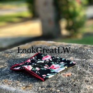 Black Floral PocketSquare,Wedding Handkerchief, Boyfriend Gift Men's Gift Anniversary Gift for Men Husband Gift Wedding Gift For Him Grooms image 4