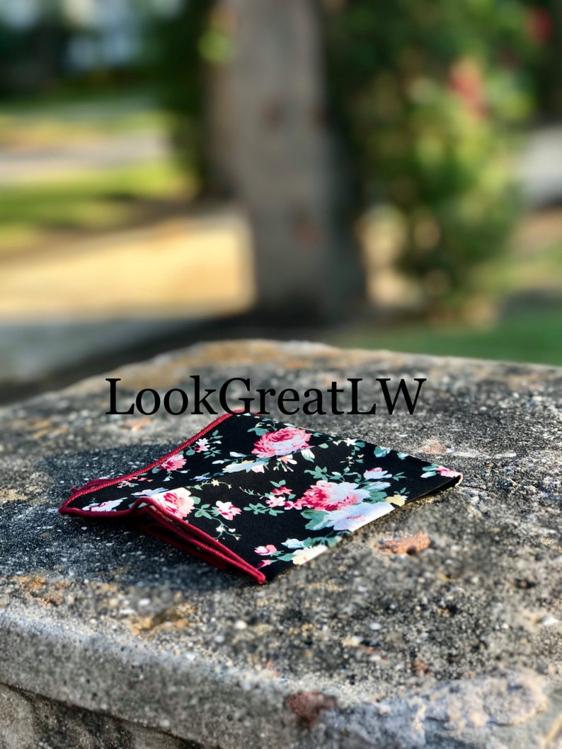 Black Floral PocketSquare,Wedding Handkerchief, Boyfriend Gift Men's Gift Anniversary Gift for Men Husband Gift Wedding Gift For Him Grooms image 4