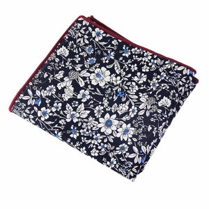 Men's Floral Pocket Square Dark NavyWedding Handkerchief,Groomsmen ,Father Gift,Boyfriend,Gift,Party,Vintage,Wedding Accessories,Graduation image 1