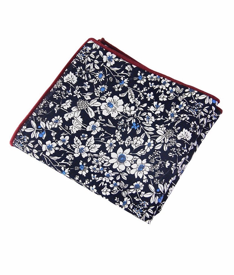 Men's Floral Pocket Square Dark NavyWedding Handkerchief,Groomsmen ,Father Gift,Boyfriend,Gift,Party,Vintage,Wedding Accessories,Graduation image 1