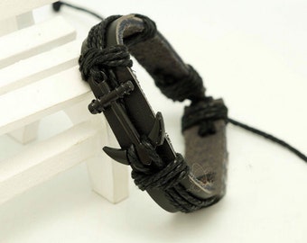 Men's Leather Rope Black Bracelet,Gift for Dad, Gift for Him, Anniversary Gift, Husband Gift, Boyfriend Gifts, Nautical Bracelet