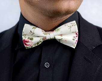 Men's Cream Floral Bow Tie,Boyfriend Gift, Gift for Men, Prom Bow Tie, Classic Bow Tie, Wedding Bow Tie,  Bow Tie For Him, Groomsmen