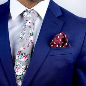 Gray Skinny Floral Tie Boyfriend Gift Men's Gift Anniversary Gift for Men Husband Gift Wedding Gift For Him Groomsmen Gift for Friend Gift image 3