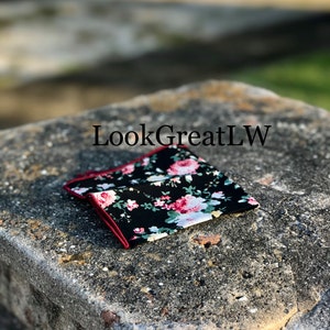 Black Floral PocketSquare,Wedding Handkerchief, Boyfriend Gift Men's Gift Anniversary Gift for Men Husband Gift Wedding Gift For Him Grooms image 3