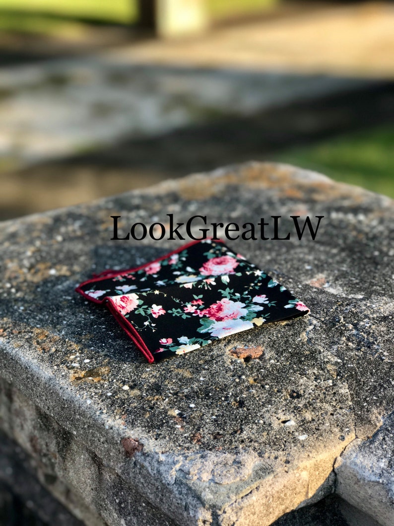 Black Floral PocketSquare,Wedding Handkerchief, Boyfriend Gift Men's Gift Anniversary Gift for Men Husband Gift Wedding Gift For Him Grooms image 3