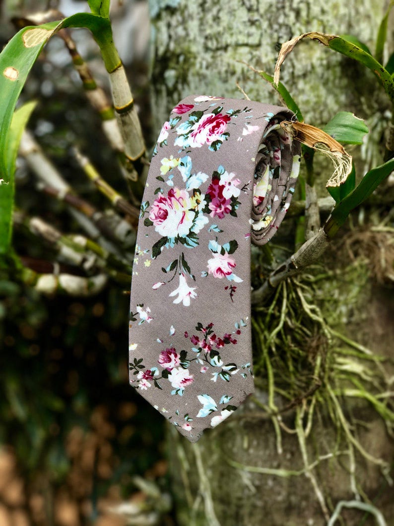 Gray Skinny Floral Tie Boyfriend Gift Men's Gift Anniversary Gift for Men Husband Gift Wedding Gift For Him Groomsmen Gift for Friend Gift image 4