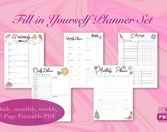 Cute Daily Planner Set: Undated Chores, Weekly, Monthly (PDF)