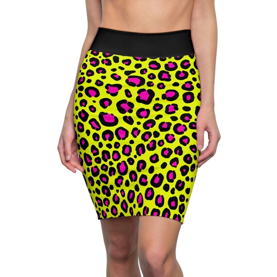 Leopard Print Neon Yellow and Hot Pink Pencil Skirt Cheetah Animal
