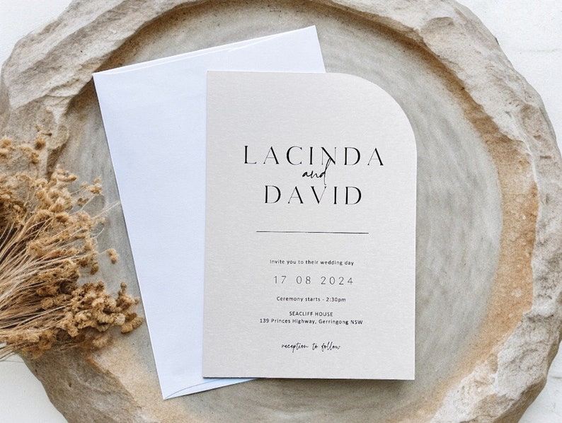 Half Arch Printed Wedding Invitation, Wedding Stationery, Minimalist. Details card. Rsvp Personalised, Printed & Ready for you to send. image 1
