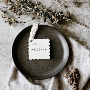 Printed Square scalloped placecard, Guest Names, Day of Stationery, Weddings, Minimalist. Customised. Printed & Ready to use on the day.