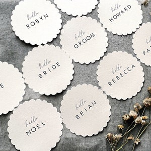Printed Scallop Round Placecards, Guest Names, Day of Stationery, Weddings, Minimalist. Customised. Printed & Ready to use on the day.